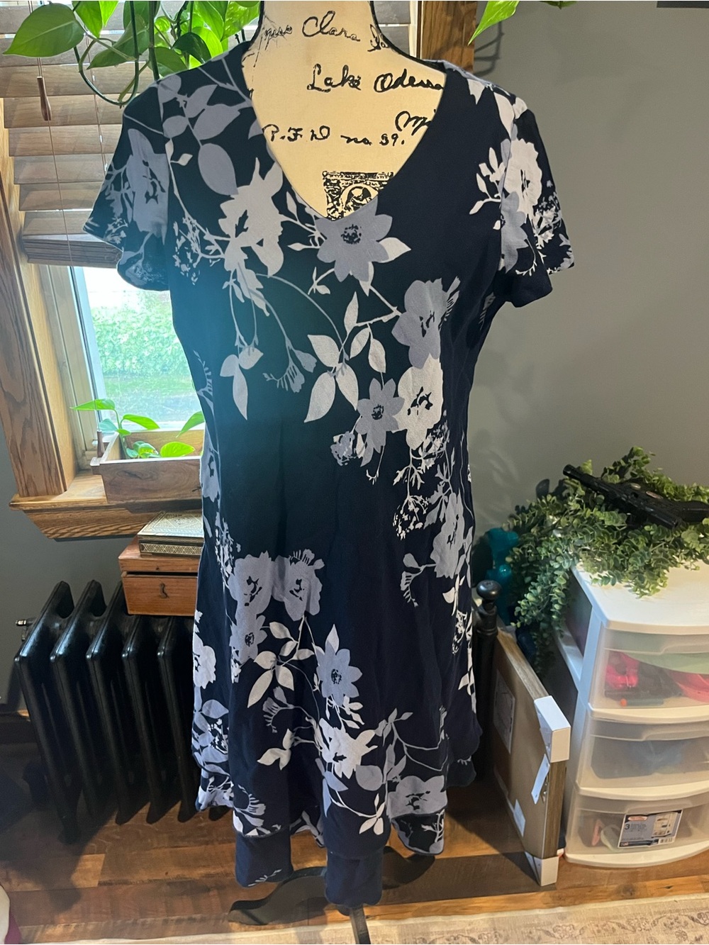 Coldwater Creek Womens PM- Harmony Gauze Dress Floral Layered Blue Cotton V-neck